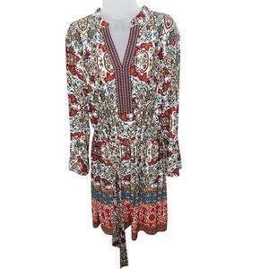 Boho Paisley Floral Knee Length Dress Women's 2X Tie Waist Bell Cuff Sleeve